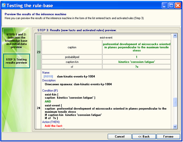 A knowledge base testing GUI form: the activated rules preview